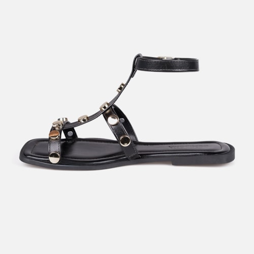 Rasteira Gladiadora Preta Tiras Finas Com Tachas Metalizado Dourado