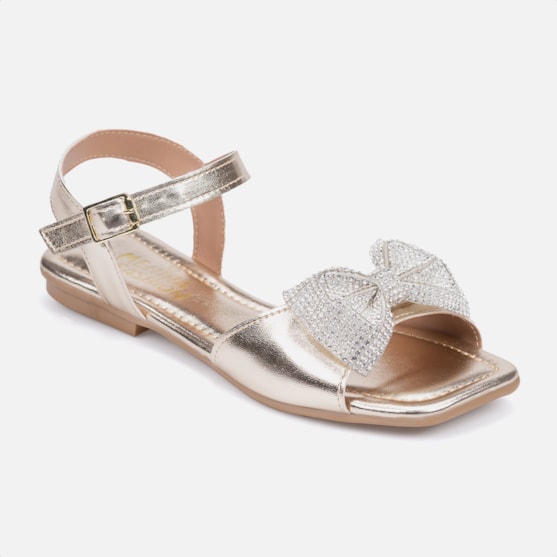 Segunda imagem do produto Rasteira Infantil Dourada Bico Quadrado Laço De Strass