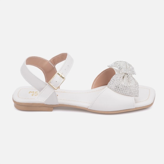 Rasteira Infantil Off White Bico Quadrado Laço De Strass