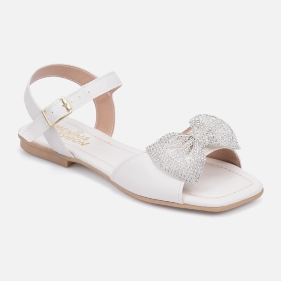 Segunda imagem do produto Rasteira Infantil Off White Bico Quadrado Laço De Strass