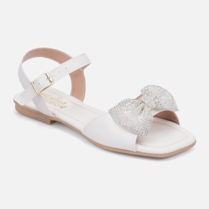 Segunda imagem do produto Rasteira Infantil Off White Bico Quadrado Laço De Strass