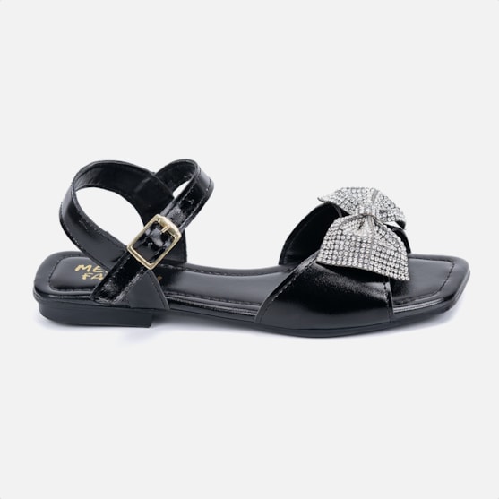 Rasteira Infantil Preta Bico Quadrado Laço De Strass