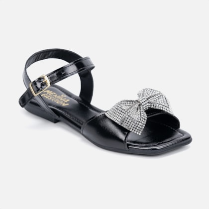 Segunda imagem do produto Rasteira Infantil Preta Bico Quadrado Laço De Strass