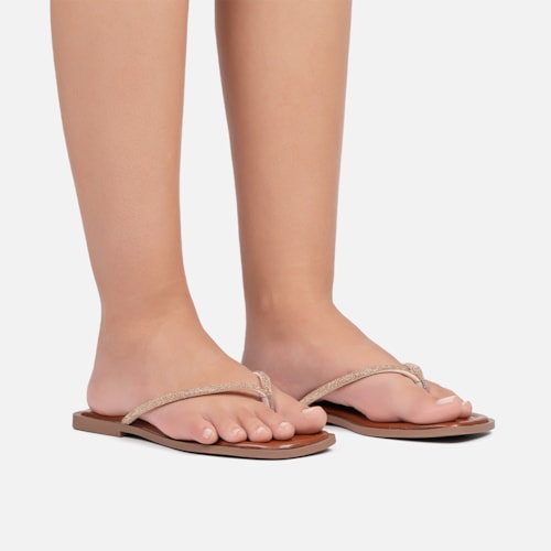 Rasteirinha Caramelo Flat De Dedo Tiras Strass Plana Bico Quadrado