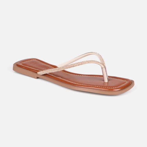 Rasteirinha Caramelo Flat De Dedo Tiras Strass Plana Bico Quadrado