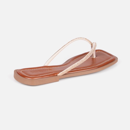 Rasteirinha Caramelo Flat De Dedo Tiras Strass Plana Bico Quadrado
