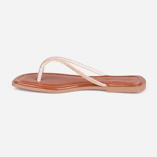 Rasteirinha Caramelo Flat De Dedo Tiras Strass Plana Bico Quadrado