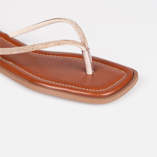 Rasteirinha Caramelo Flat De Dedo Tiras Strass Plana Bico Quadrado