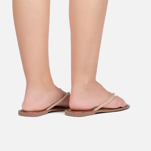 Rasteirinha Caramelo Flat De Dedo Tiras Strass Plana Bico Quadrado