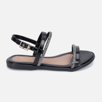 Rasteirinha Fashion Preta Infantil Tiras Duplas De Strass