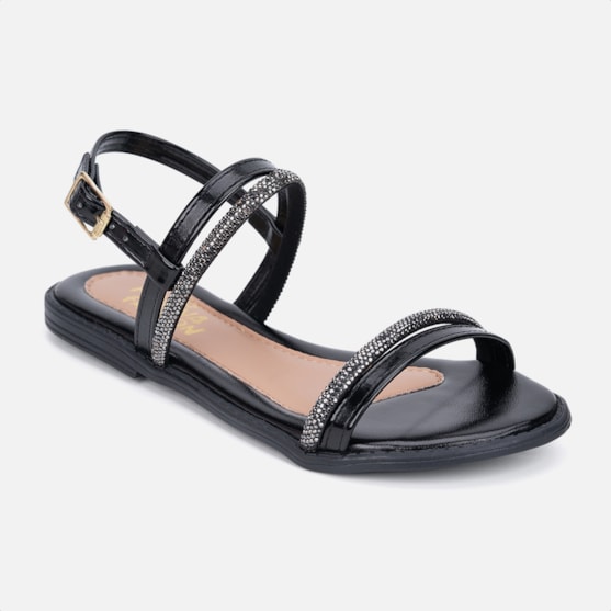 Segunda imagem do produto Rasteirinha Fashion Preta Infantil Tiras Duplas De Strass