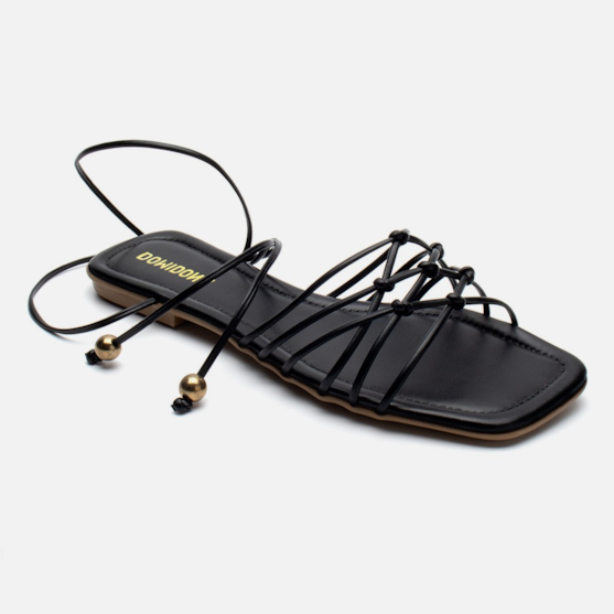 Segunda imagem do produto Rasteirinha Feminina Com Amarração Bico Quadrado Nó Pérola Preta