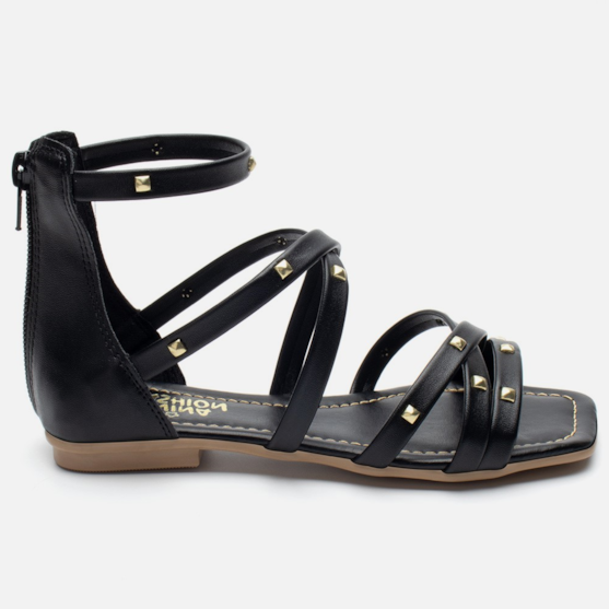 Rasteirinha Feminina Sandália Infantil Peep Toe Com Ziper Spikes Preto