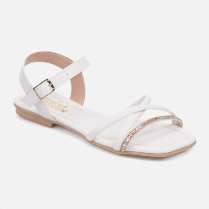 Segunda imagem do produto Rasteirinha Infantil Off White Tiras Cruzadas De Strass