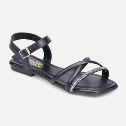 Segunda imagem do produto Rasteirinha Infantil Preta Tiras Cruzadas De Strass