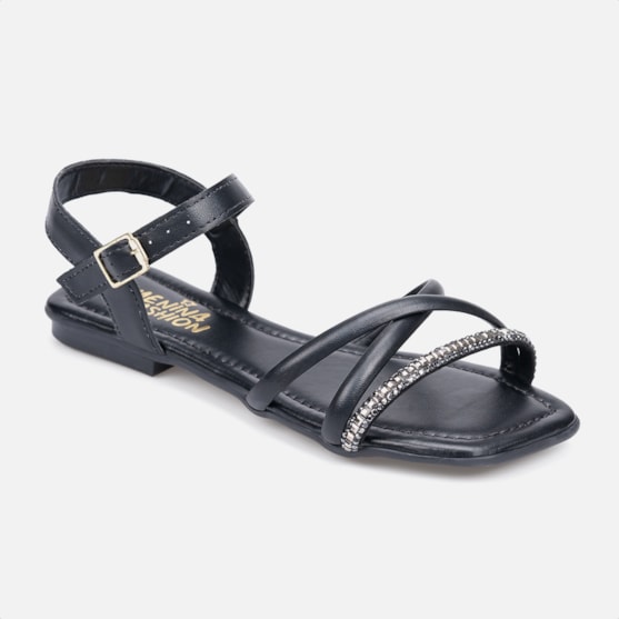 Segunda imagem do produto Rasteirinha Infantil Preta Tiras Cruzadas De Strass