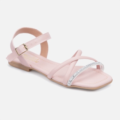 Segunda imagem do produto Rasteirinha Infantil Rosa Tiras Cruzadas De Strass