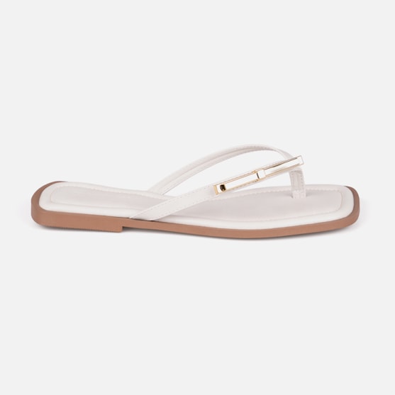 Rasteirinha Off White Flat De Dedo Laço Metalizado Plana Bico Quadrado