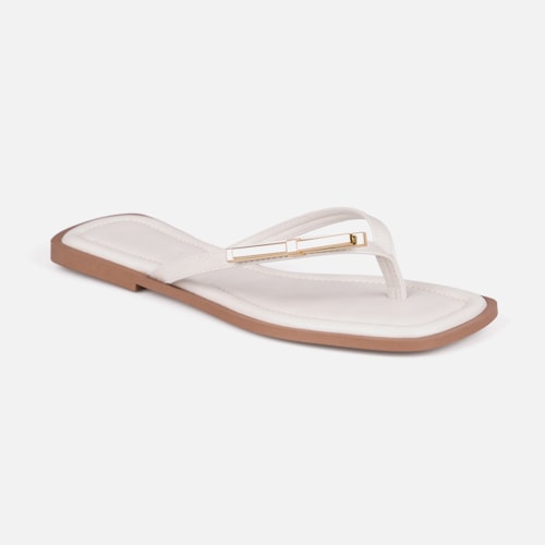 Rasteirinha Off White Flat De Dedo Laço Metalizado Plana Bico Quadrado