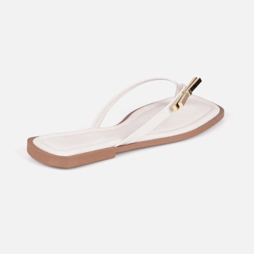 Rasteirinha Off White Flat De Dedo Laço Metalizado Plana Bico Quadrado