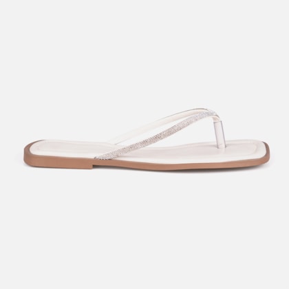 Rasteirinha Off White Flat De Dedo Tiras Strass Plana Bico Quadrado