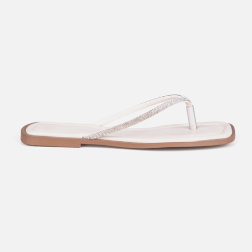 Rasteirinha Off White Flat De Dedo Tiras Strass Plana Bico Quadrado