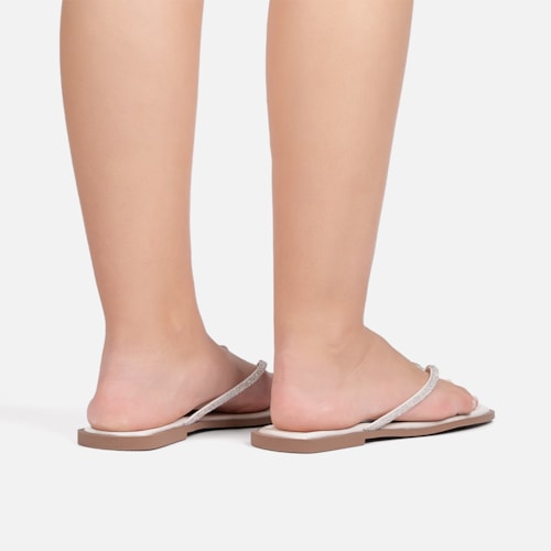 Rasteirinha Off White Flat De Dedo Tiras Strass Plana Bico Quadrado