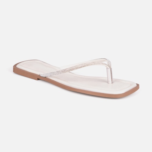 Rasteirinha Off White Flat De Dedo Tiras Strass Plana Bico Quadrado