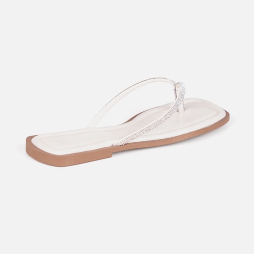 Rasteirinha Off White Flat De Dedo Tiras Strass Plana Bico Quadrado