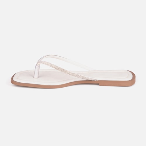 Rasteirinha Off White Flat De Dedo Tiras Strass Plana Bico Quadrado