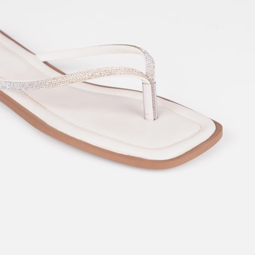 Rasteirinha Off White Flat De Dedo Tiras Strass Plana Bico Quadrado