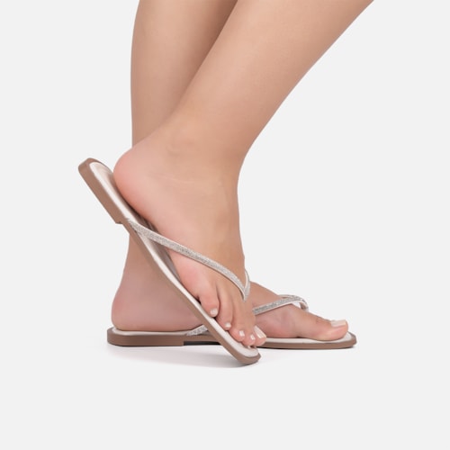 Rasteirinha Off White Flat De Dedo Tiras Strass Plana Bico Quadrado