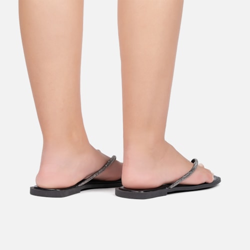 Rasteirinha Preta Flat De Dedo Tiras Strass Plana Bico Quadrado