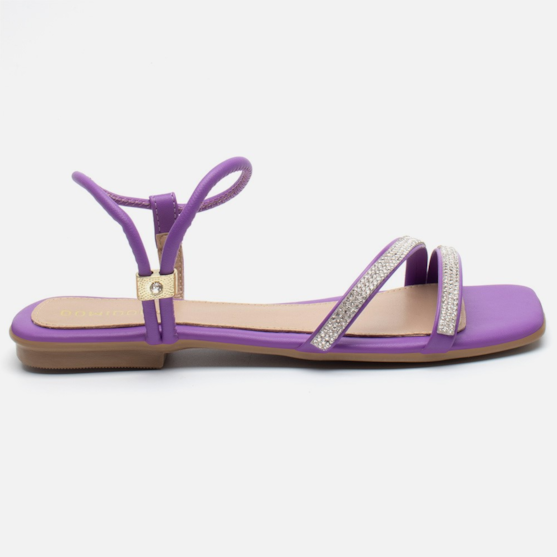 Rasteirinha Sandália Feminina Bico Quadrado Tiras Strass lilás