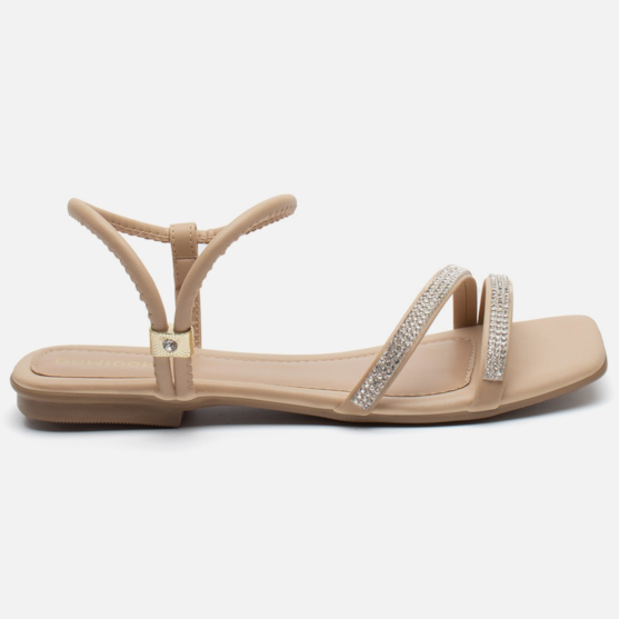 Rasteirinha Sandália Feminina Bico Quadrado Tiras Strass Nude
