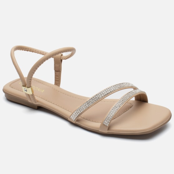Segunda imagem do produto Rasteirinha Sandália Feminina Bico Quadrado Tiras Strass Nude