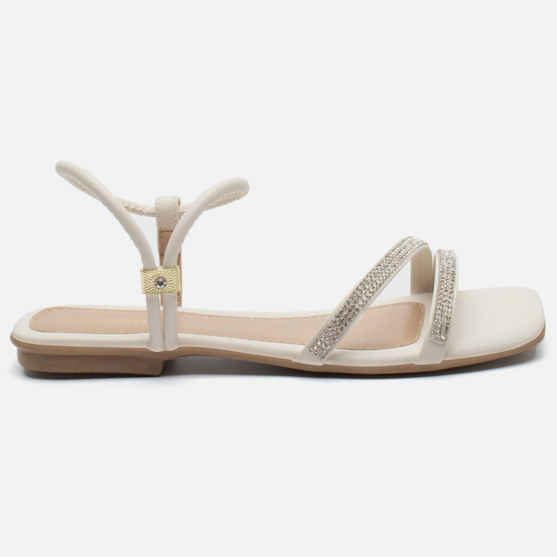 Rasteirinha Sandália Feminina Bico Quadrado Tiras Strass Off White
