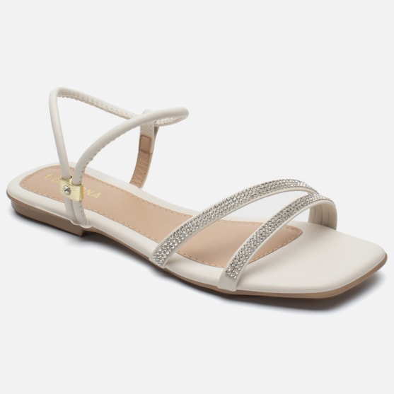 Segunda imagem do produto Rasteirinha Sandália Feminina Bico Quadrado Tiras Strass Off White