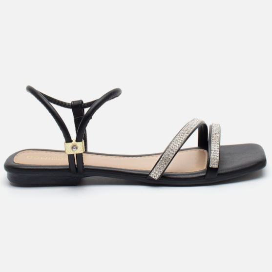 Rasteirinha Sandália Feminina Bico Quadrado Tiras Strass Preta
