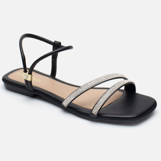 Segunda imagem do produto Rasteirinha Sandália Feminina Bico Quadrado Tiras Strass Preta
