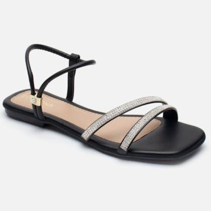 Segunda imagem do produto Rasteirinha Sandália Feminina Bico Quadrado Tiras Strass Preta