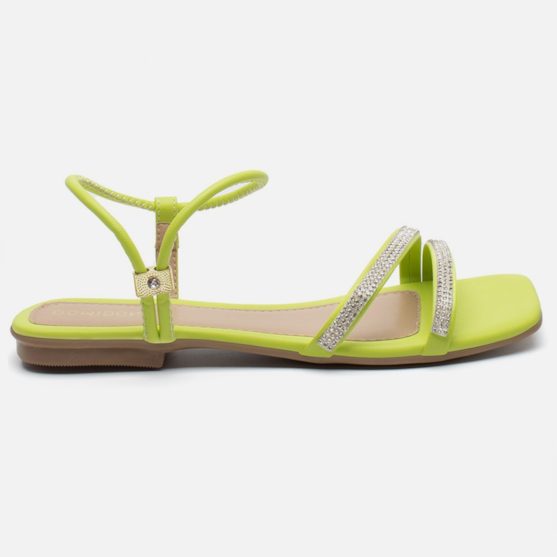 Rasteirinha Sandália Feminina Bico Quadrado Tiras Strass Verde