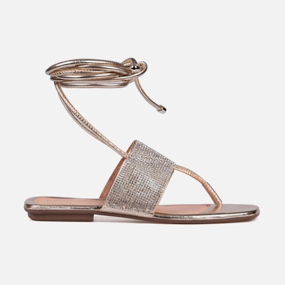 Rasteirinha Sandália Feminina De Amarração Tira De Strass Dourada