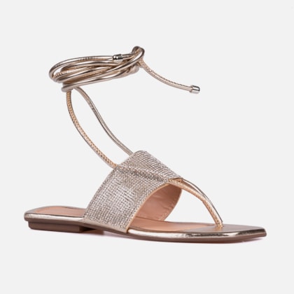 Segunda imagem do produto Rasteirinha Sandália Feminina De Amarração Tira De Strass Dourada