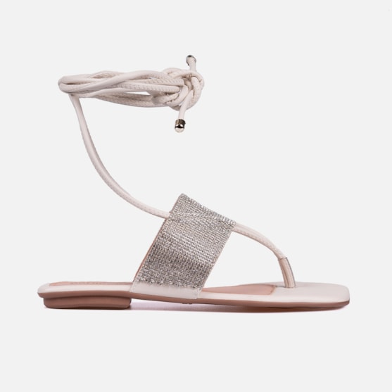 Rasteirinha Sandália Feminina De Amarração Tira De Strass Off White