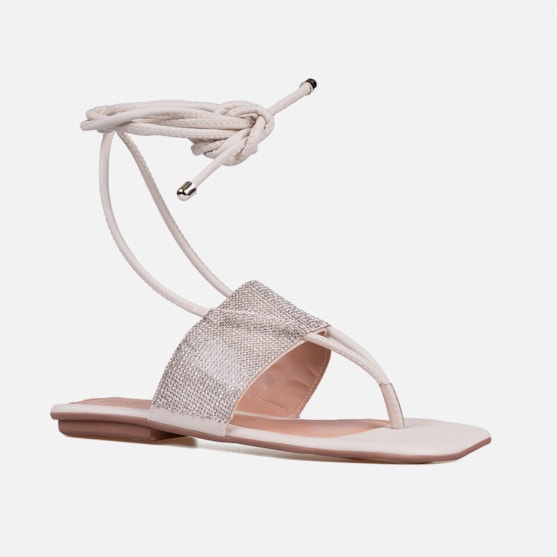 Segunda imagem do produto Rasteirinha Sandália Feminina De Amarração Tira De Strass Off White
