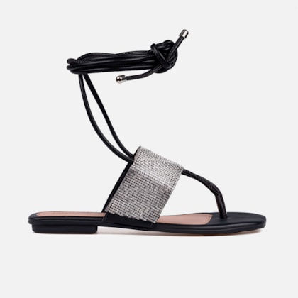 Rasteirinha Sandália Feminina De Amarração Tira De Strass Preta