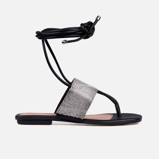 Rasteirinha Sandália Feminina De Amarração Tira De Strass Preta