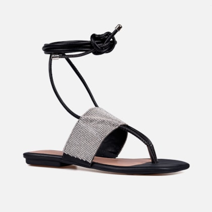 Segunda imagem do produto Rasteirinha Sandália Feminina De Amarração Tira De Strass Preta