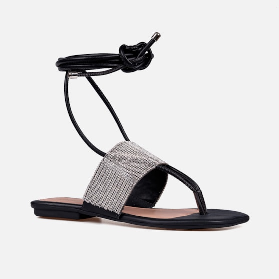 Segunda imagem do produto Rasteirinha Sandália Feminina De Amarração Tira De Strass Preta